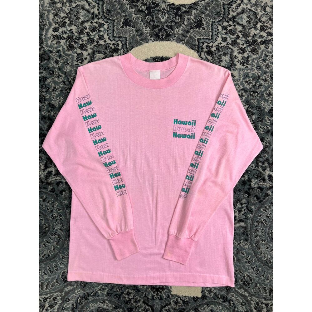Vintage Mens 80s Fruit Of The Loom Hawaii L/S Tshirt Size Large Made in USA Pink